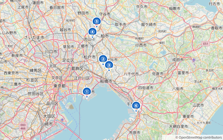 千葉県のテニス壁打ちスポット6か所の位置マップ