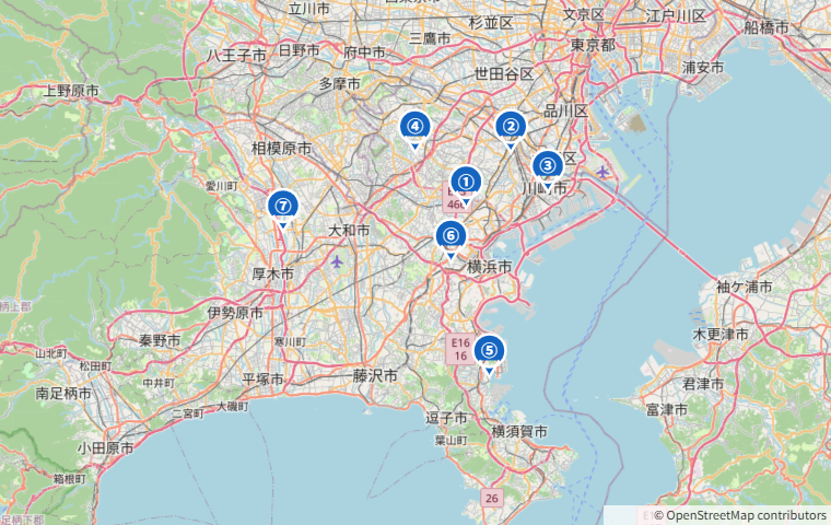 神奈川県のテニス壁打ちスポット7か所の位置を示した地図
