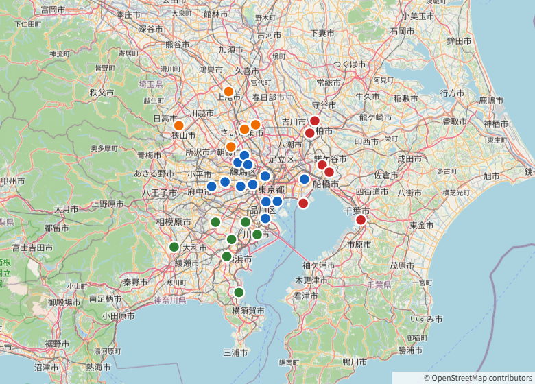 関東(東京・神奈川・埼玉・千葉)のテニス壁打ちスポット30か所を都県別に色分けした位置マップ