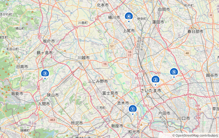 埼玉県のテニス壁打ちスポット5か所の位置マップ