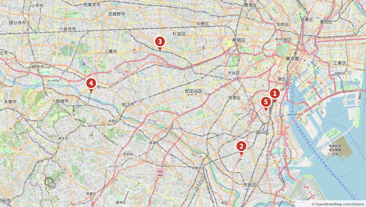 東京の時間貸し・レンタルテニスコート5施設の位置を示す地図（拡大版）