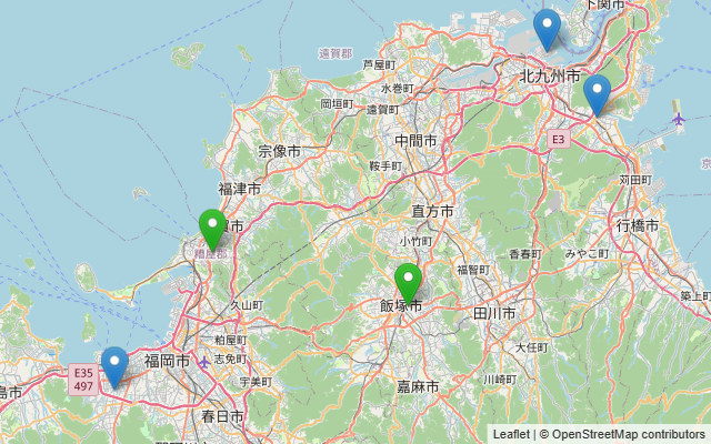 福岡県内のオートテニス施設5か所の位置を示した地図