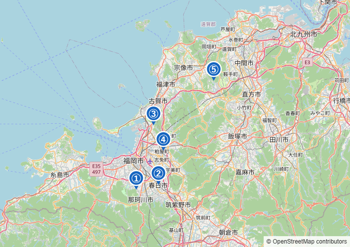 福岡県のインドアテニスコート5施設の位置マップ