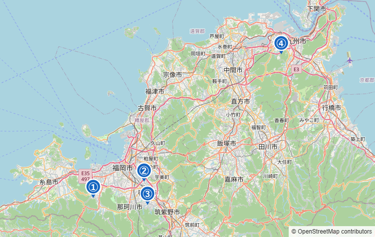 福岡県のテニス壁打ちスポット4か所の位置マップ