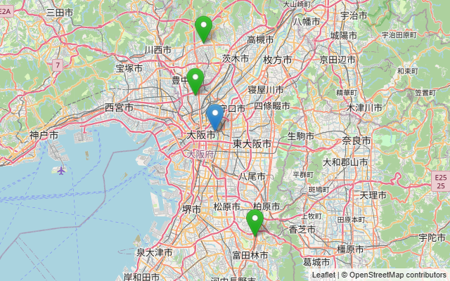 大阪府内のオートテニス施設4か所の位置を示した地図