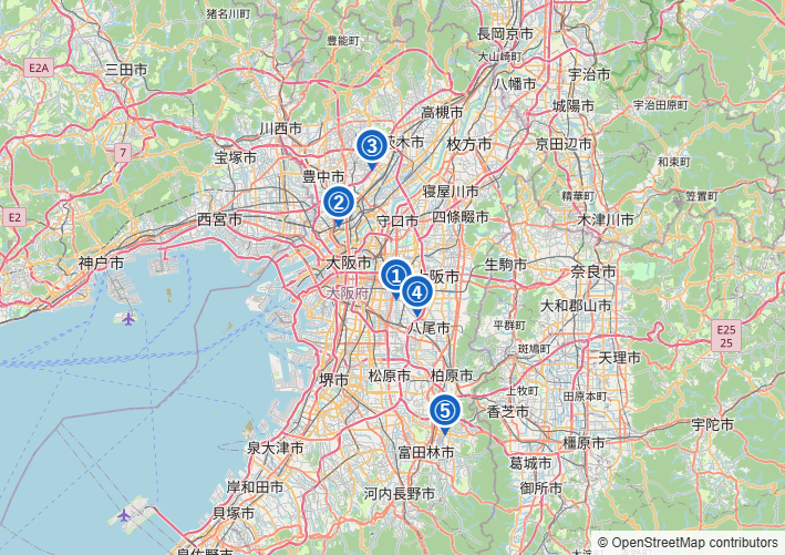大阪府のインドアテニスコート5施設の位置マップ