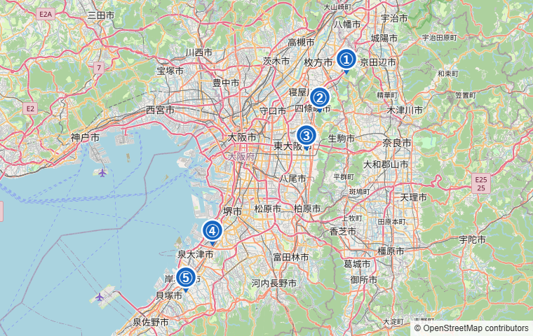 大阪府のテニス壁打ちスポット5か所の位置マップ