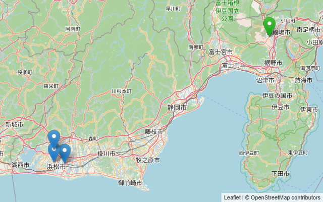 静岡県内のオートテニス施設4か所の位置を示した地図