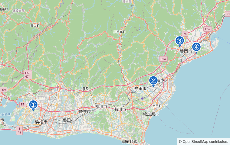 静岡県のテニス壁打ちスポット4か所の位置マップ