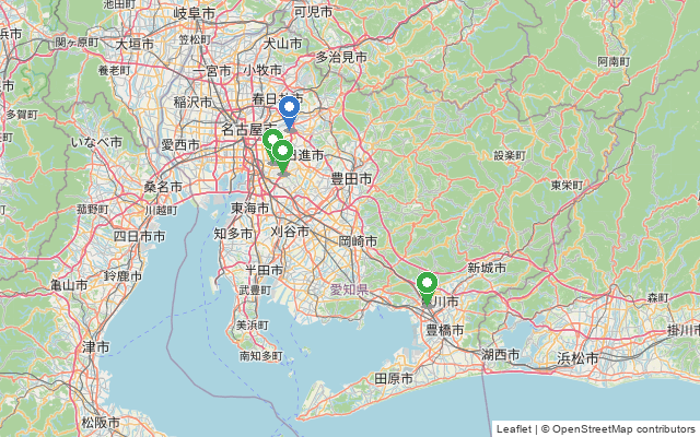 愛知県内のオートテニス施設4か所の位置を示した地図