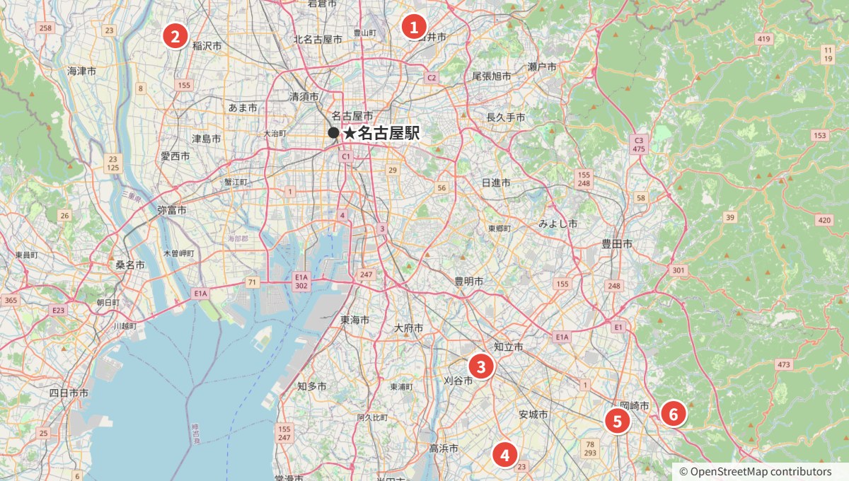 名古屋・愛知のテニス壁打ちスポット6か所の位置マップ