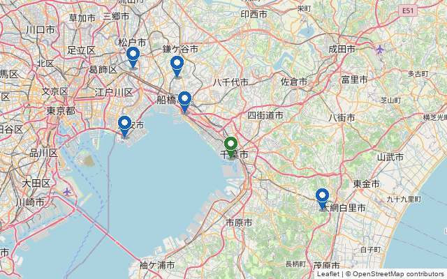千葉で安く借りられるテニスコートの地図（千葉ポートパーク・昭和の森・浦安・船橋・市川・習志野）