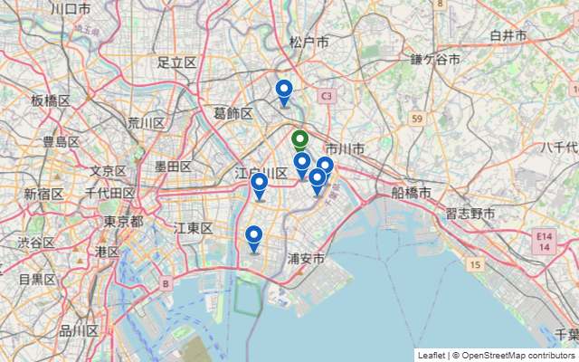 江戸川区の区営テニスコート6施設と都営・篠崎公園の地図