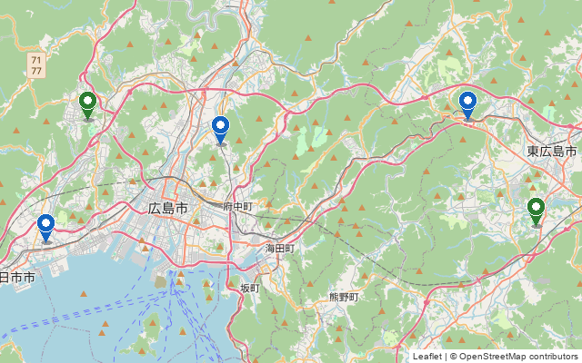 広島の屋内テニスコート5か所の位置を示した地図