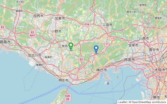 兵庫県内で球出し練習ができる施設2か所の位置を示した地図