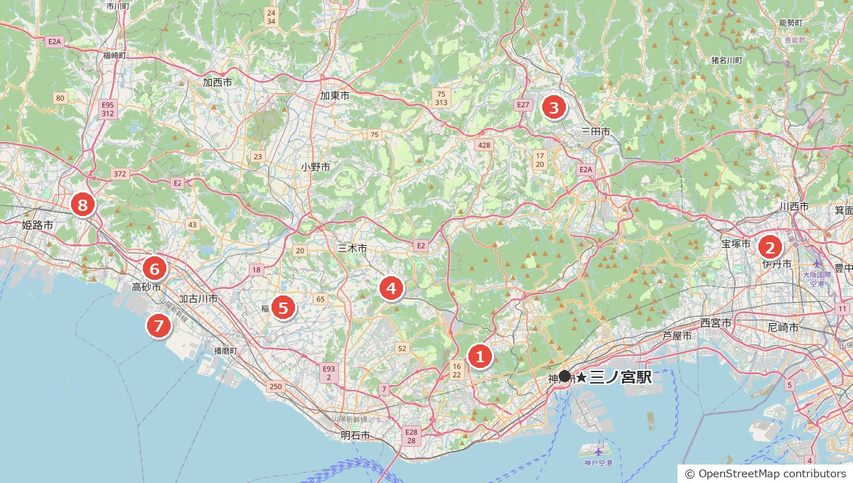 神戸・兵庫のテニス壁打ちスポット8か所の位置マップ