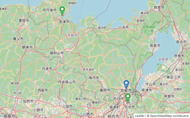 京都府内のオートテニス施設3か所の位置を示した地図