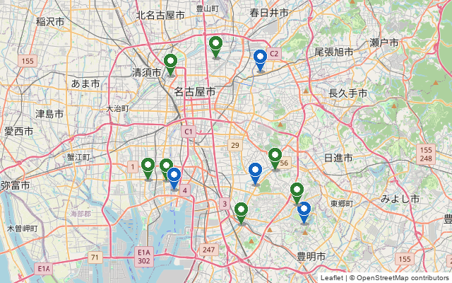 名古屋のインドアテニスコートの位置を示した地図
