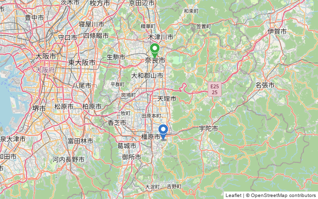 奈良県のオートテニス施設2か所の位置を示した地図