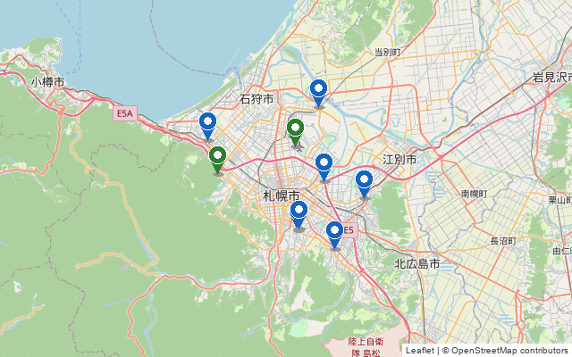 札幌のインドアテニスコート9施設の位置を示した地図