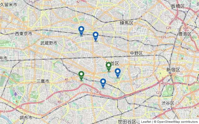 杉並区の区営テニスコートと都営コート（善福寺川緑地・高井戸公園）の地図