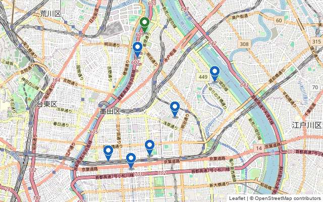 墨田区の区営テニスコート6施設と都営・東白鬚公園の地図